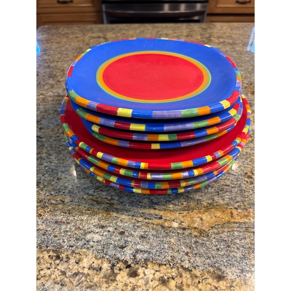 Dansk Other - 8 Dansk Caribe Antigua Striped Plates Set of 4 Dinner 4 Salad Blue Red Ceramic